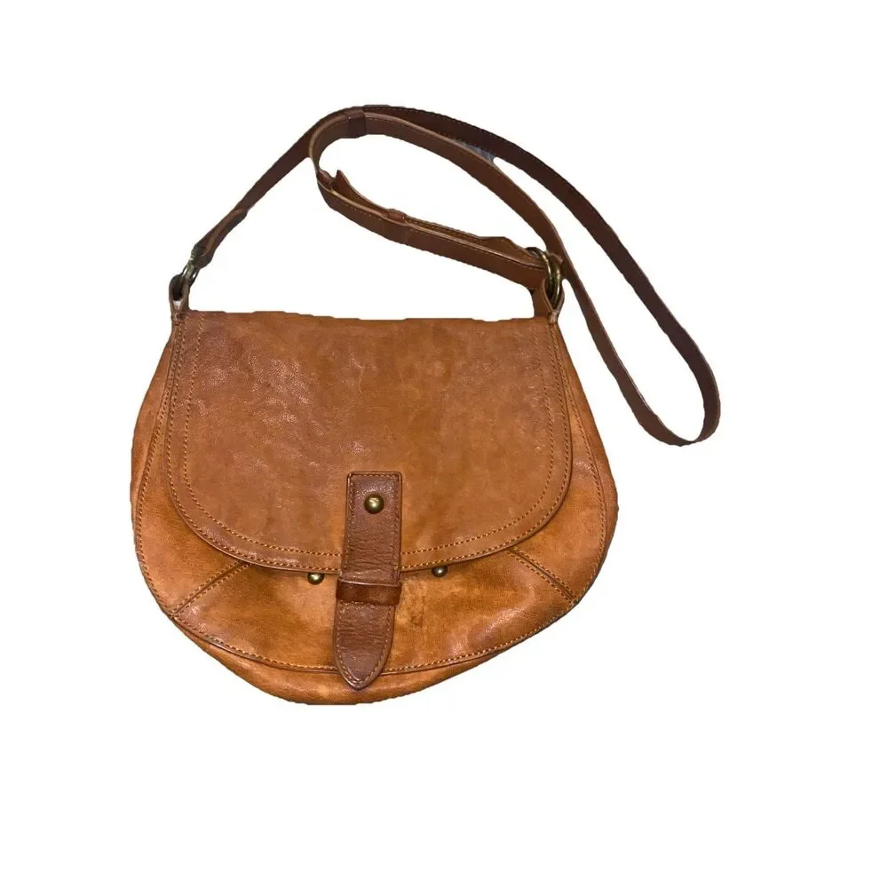 Lucky Brand Brown Goat Leather Saddle Bag Crossbody Purse Boho Classic - Picture 2 of 10